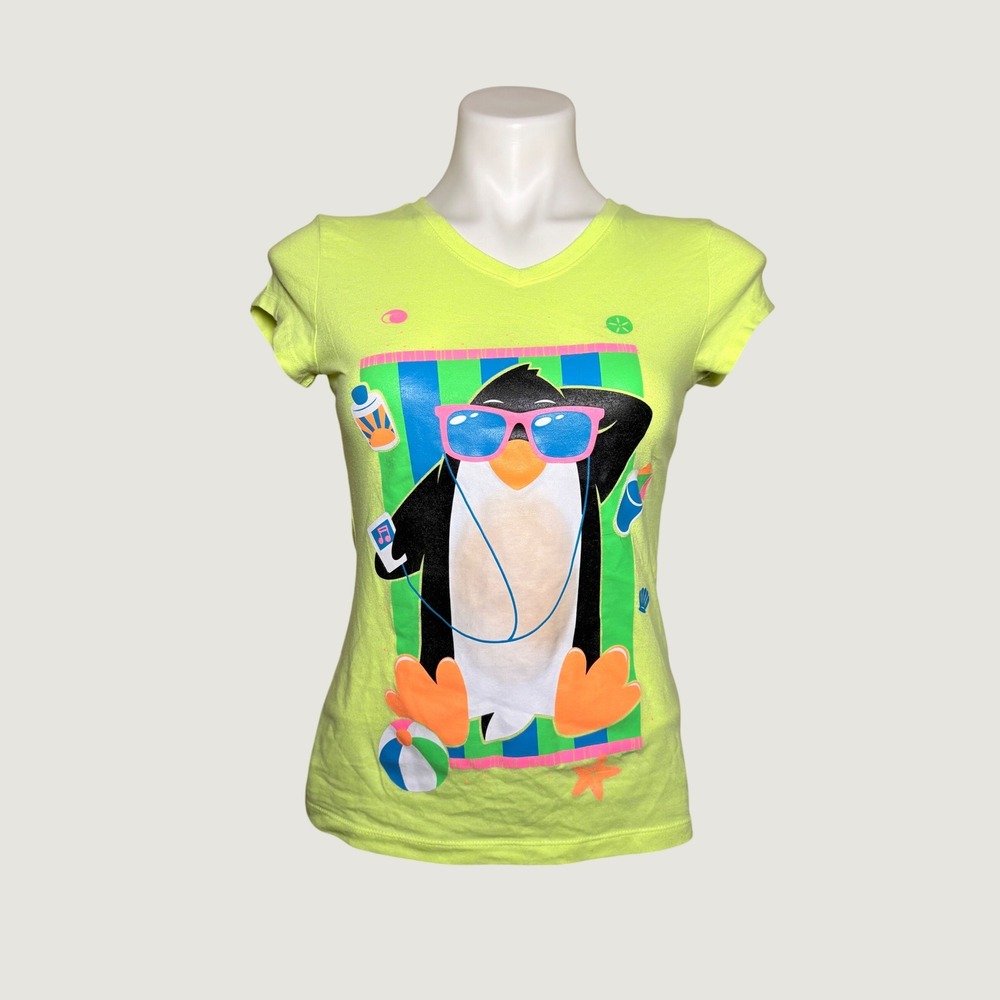 Y2K Justice Scene Neon Yellow Penguin Beach Graphic Baby Tee T-Shirt #16
